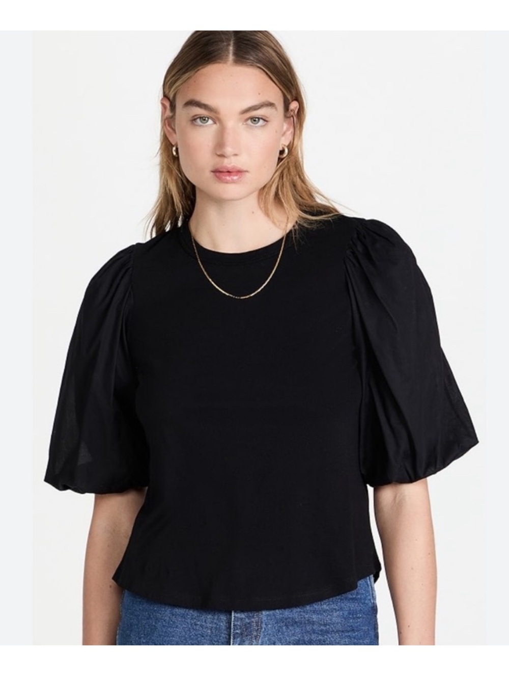Veronica Beard Black Puff-Sleeve Crewneck Top
